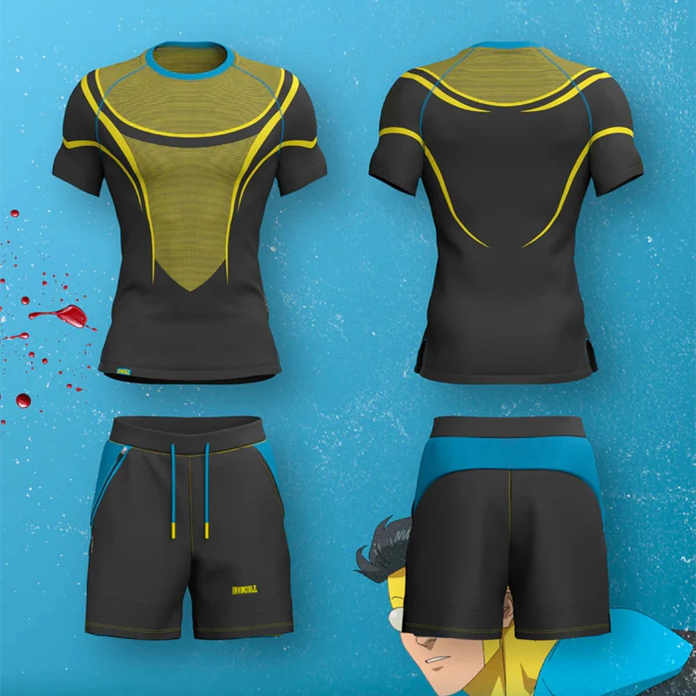 

New INVINCIBLE Super Suit Compression Short Sleeve Shorts Summer Men Oversized Quick Drying MMA Training Fitness Running Suit