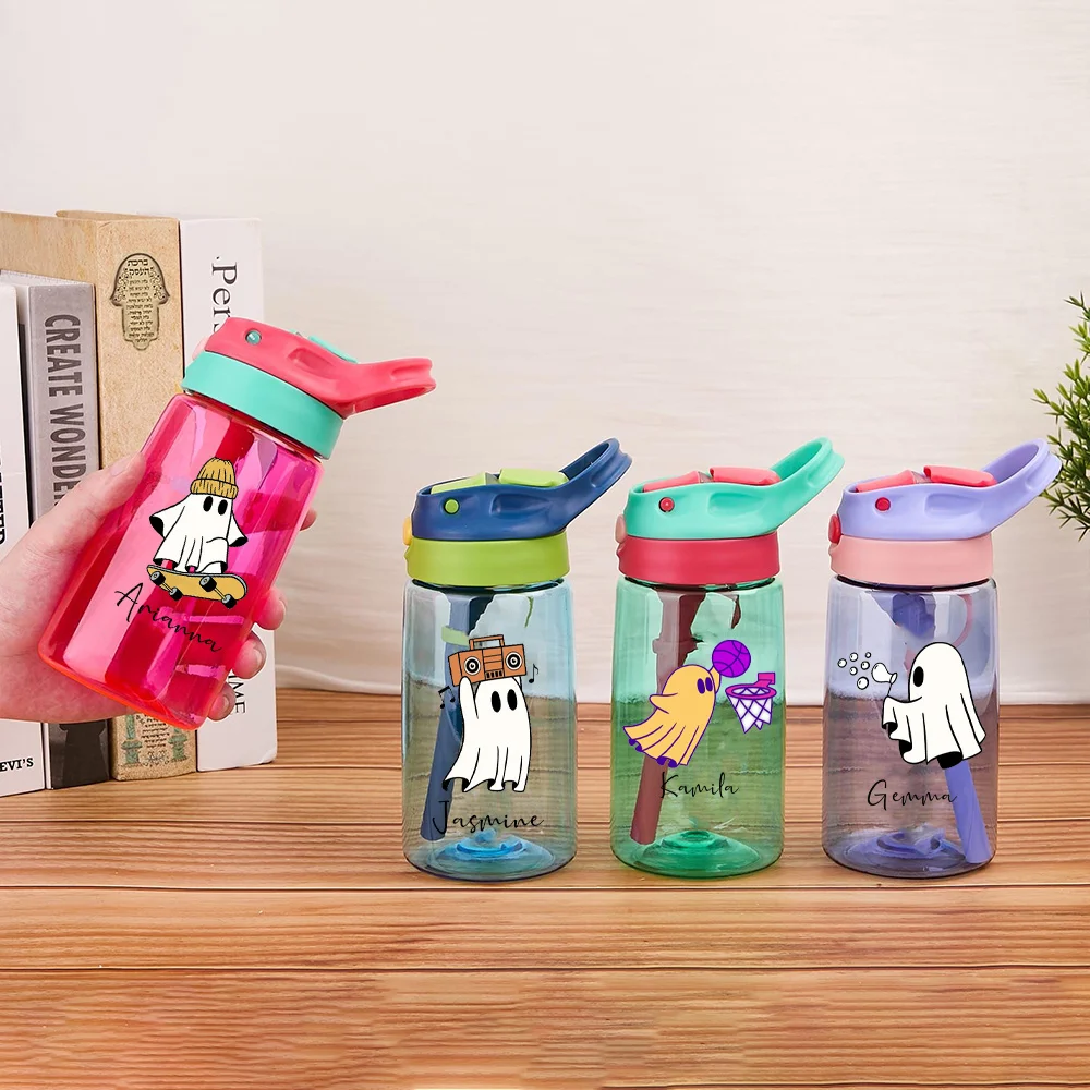 PersonalizedKids Water Bottle, Custom Name Flip Top Straw Cup, Cute Ghost Portable Drinking Bottle For Boys Girls Halloween Gift view 4