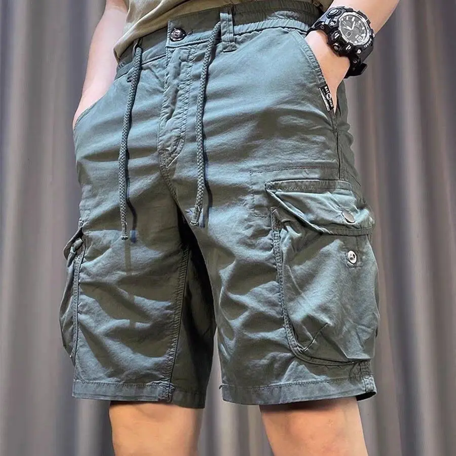 Men's Cargo Shorts Button Green with Draw String Solid Male Short Pants Clothes Designer Jorts Y2k Big and Tall Casual Strech