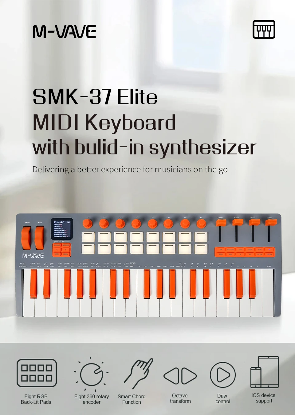 M-VAVE SMK-37 Pro Elite 37-Key MIDI Keyboard – Aftertouch Pads, 8 Encoders, 4 Faders, Arpeggiator, USB/Bluetooth, Grey-Orange