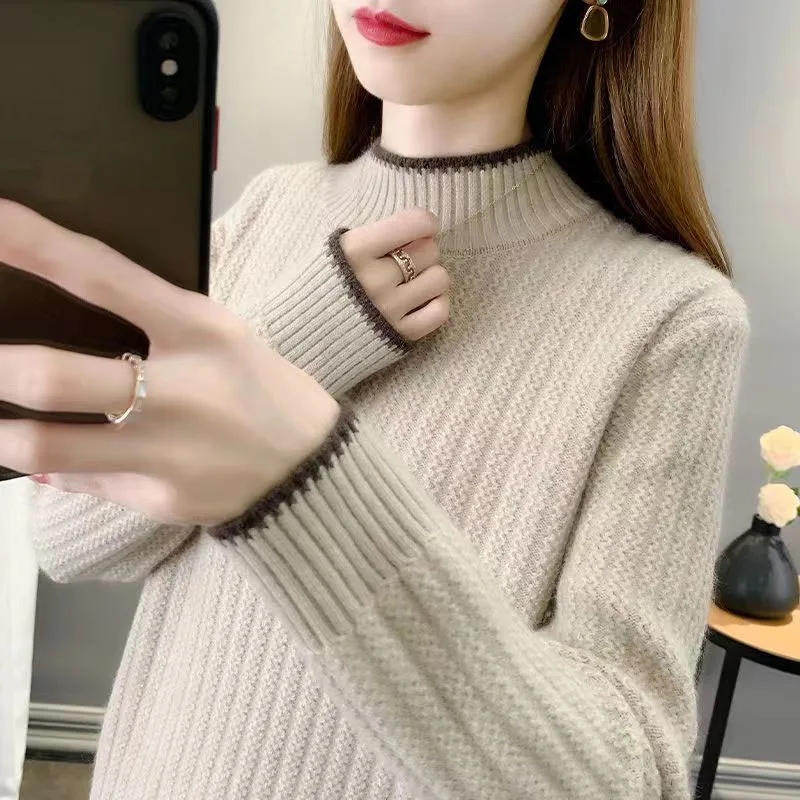 New Autumn and Winter Fashion Lazy Style Colored Half High Neck Loose Versatile Western Women\'s Long Sleeve Knitted Sweater