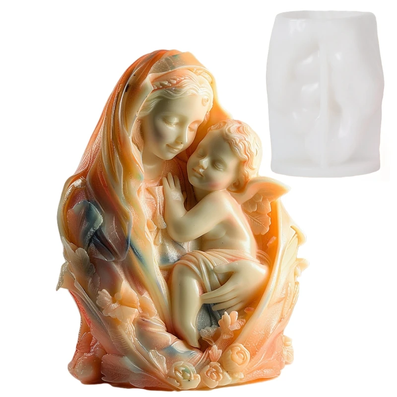 3D Virgin Mary เทพธิดากอด Boy แม่พิมพ์ซิลิโคนวันแม่วันขอบคุณพระเจ้าของขวัญ Heart Angel คอนกรีตยิปซั่มแม่พิมพ์