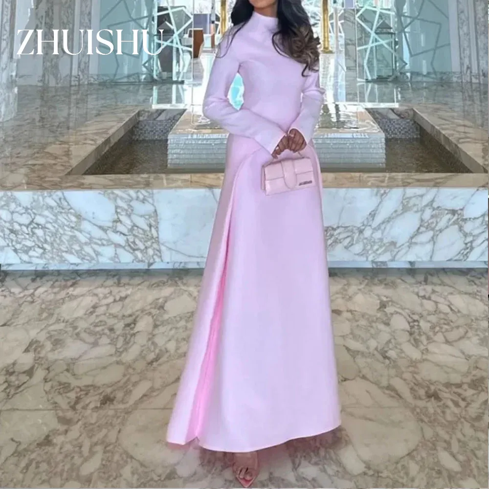 

ZHUISHU Elegant Pink Formal Evening Dresses High Neck A-Line Long Sleeves Saudi Prom Dresses Customized Women Party Dresses