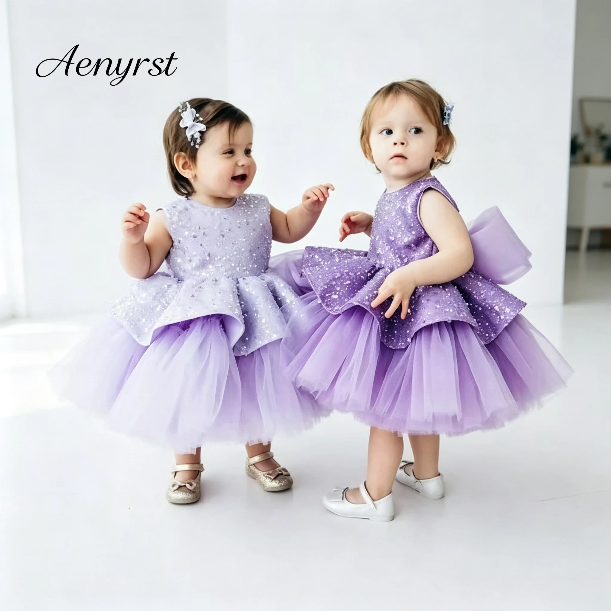 Round Neck Sleeveless Sequin Peplum Baby Girls Formal Dress Big Back Bow Tulle Puffy Toddler Flower Girl Party Gown