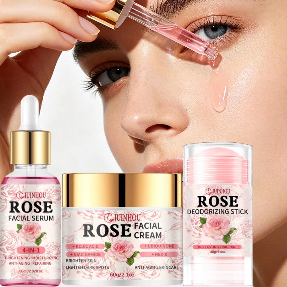 juinhou-conjunto-de-cuidados-com-rosa-iluminadora-3-pecas-serum-creme-bastao-desodorante-firmador-de-pele-Oleo-suavizante-controle-de-oleosidade-aroma-floral-reduz-o-odor-corporal