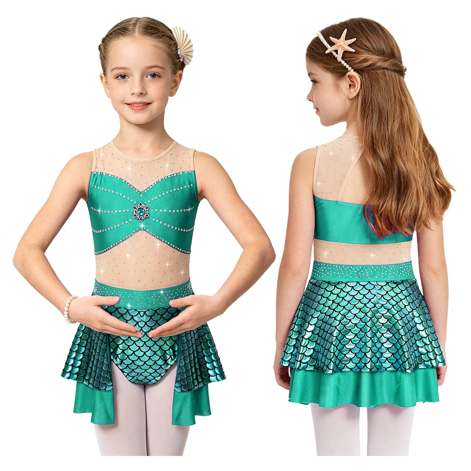 Fish Scale Rhythmic Gymnastics Jersey Kids Girls Figure Skating Ballet Lyrical Dance Leotards Dress Mermaid Princess Dress Up