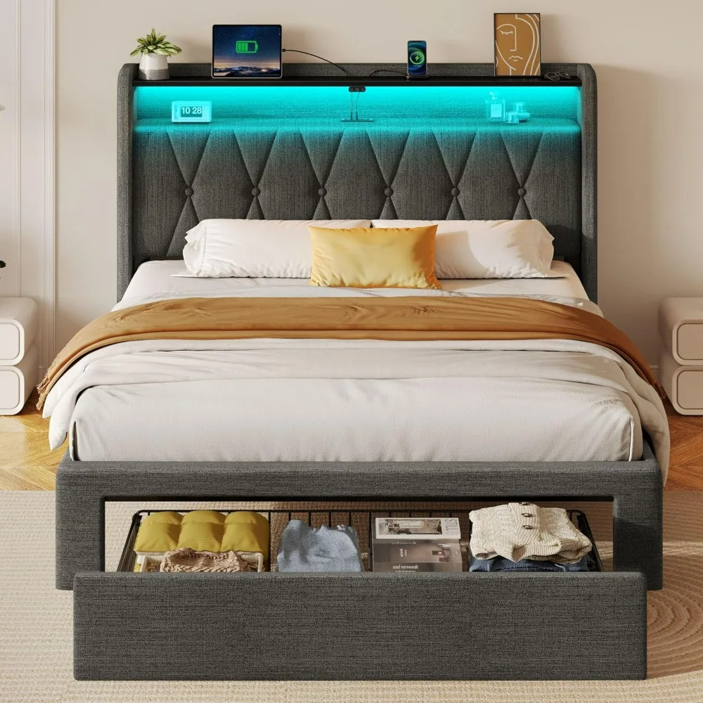 

bed.Twin Bed Frame with Drawer, Storage Headboard with Charging Station and LED Lights, Upholstered Bed with Heavy Duty Wood