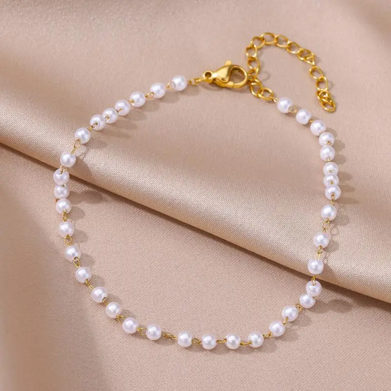 Anklets for Women Artificial Pearl Stainless Steel Chain Anklet Summer Beach Accessories Foot Leg Bracelets Decoration Jewelry