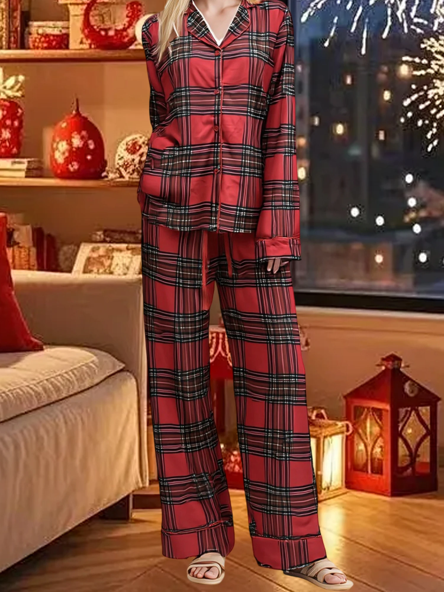 

Женский уютный пижамный комплект из двух предметов в клетку с топом на пуговицах с длинными рукавами и брюками с эластичной резинкой на талии для осеннего комфорта