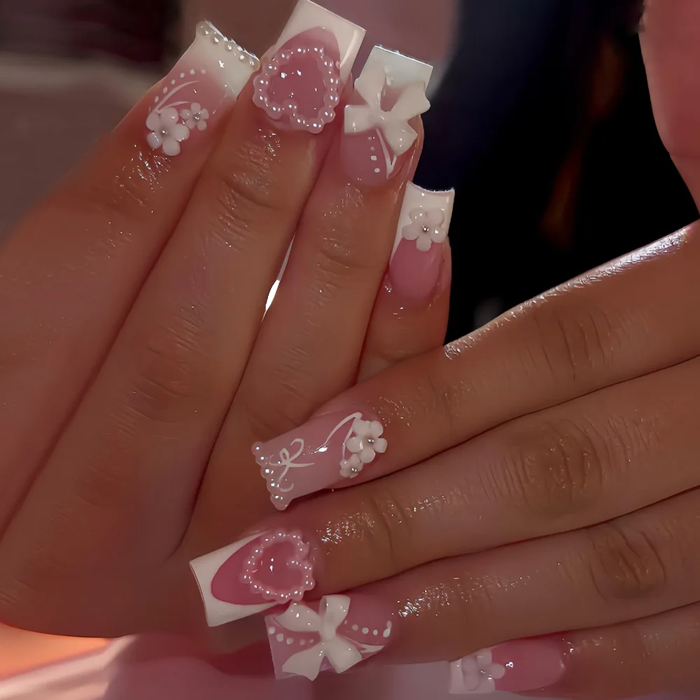 

24Pcs White Gradient French Press on Fake Nails Bow Flower Heart Pearl False Nails Mid-length Square Head Wearable Manicure Tips