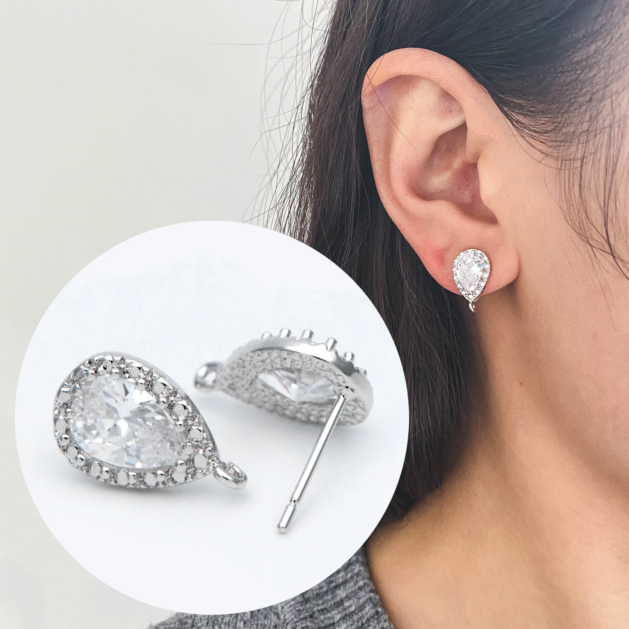 

10pcs Silver Tone Teardrop Stud Earrings, CZ Paved Ear Posts 15x9mm, Rhodium Plated Brass Earring Findings (#GB-962-2)