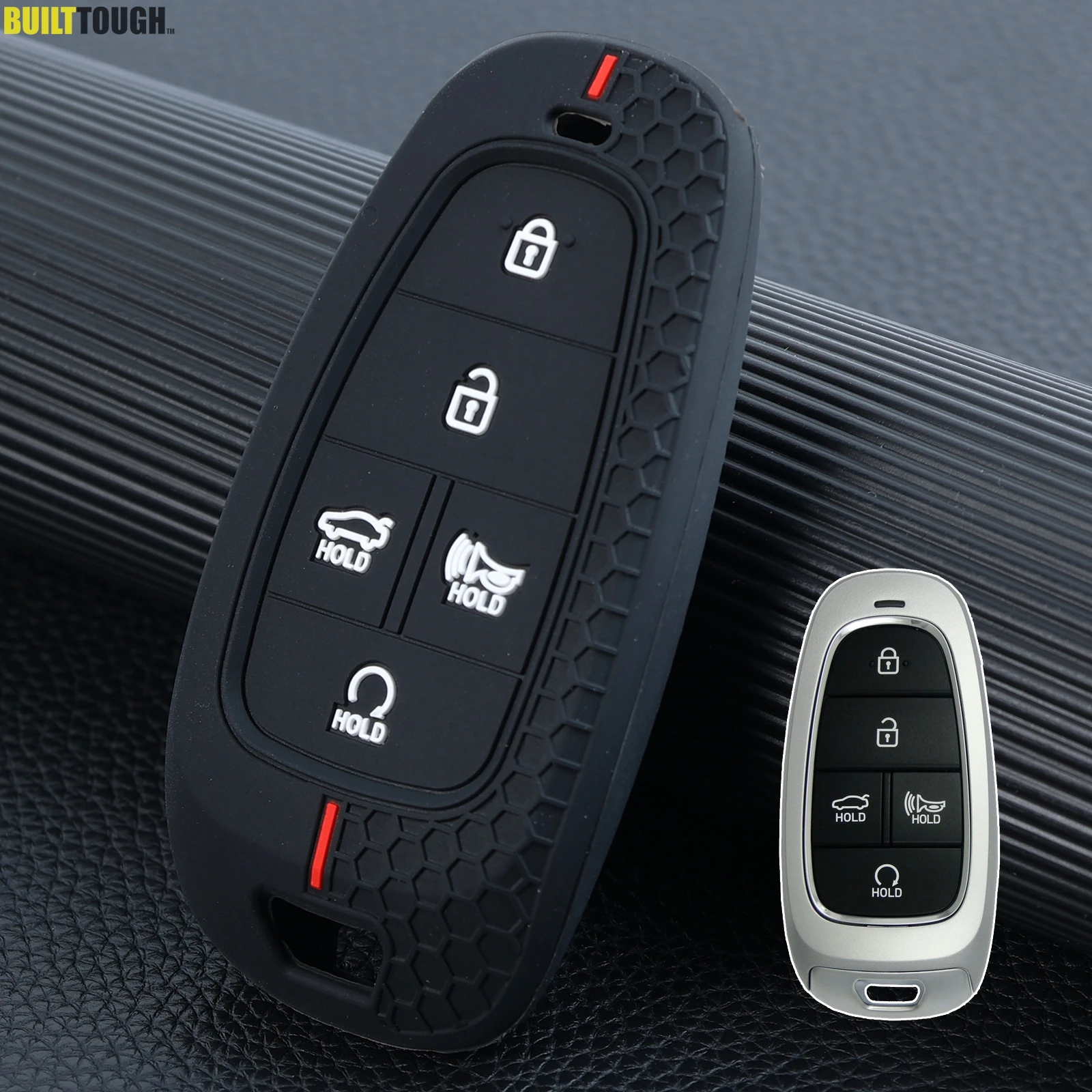Funda de silicona para mando a distancia de coche, carcasa con anillo y cadena para Hyundai Santa Fe Tucson Sonata Cruz 2023 2024, 5 botones
