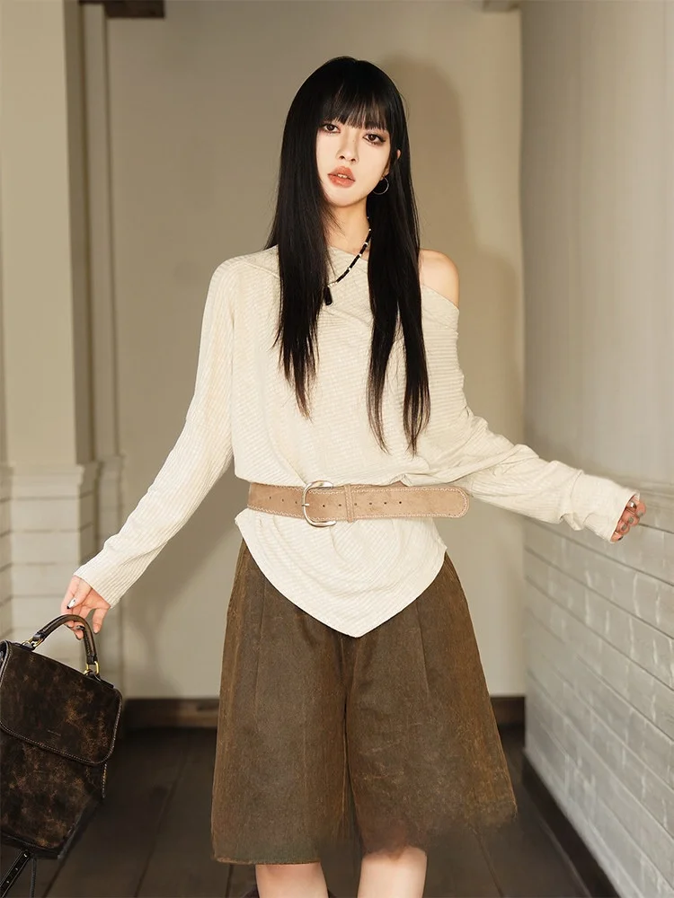 

Women's Long Sleeve Knitted T-shirt Slim Fit Belted Spring Season Casual Loose Style Comfortable Breathable Color Top