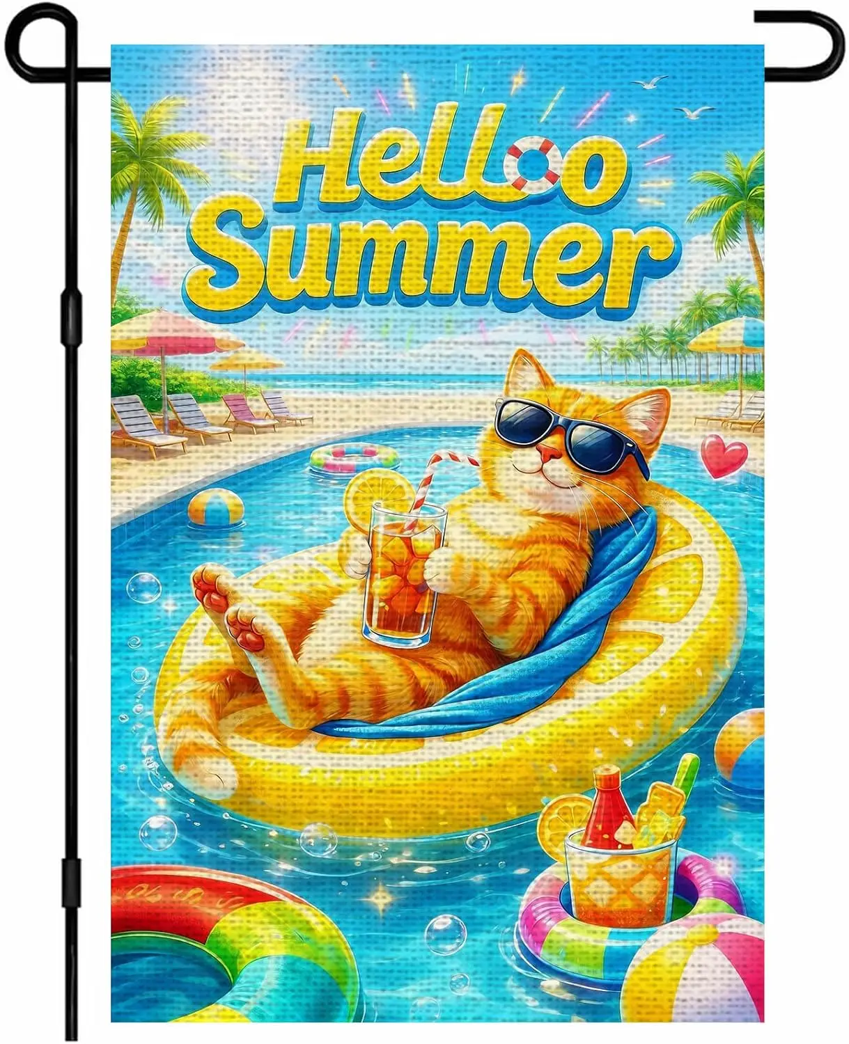 IVN Summer Garden Flag 12x18 Inch Double Sided Burlap Hello Summer Cat Pool Float Sunglasses Tropical Water Design Small Out zzo