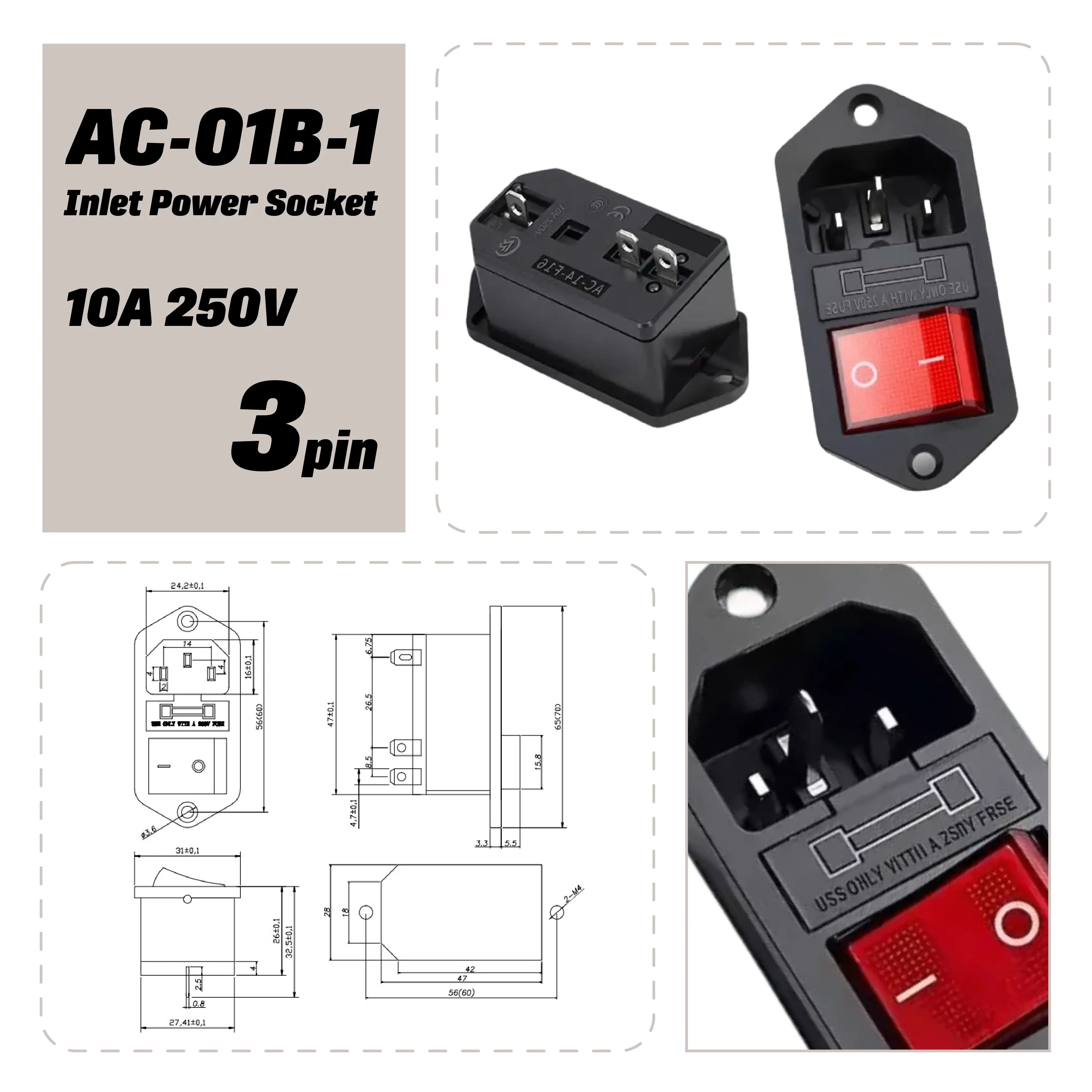 

AC-01B-1 Входная розетка с предохранителем 250 В 10 А с красной лампой, кулисный выключатель питания для шасси серверного оборудования усилителя