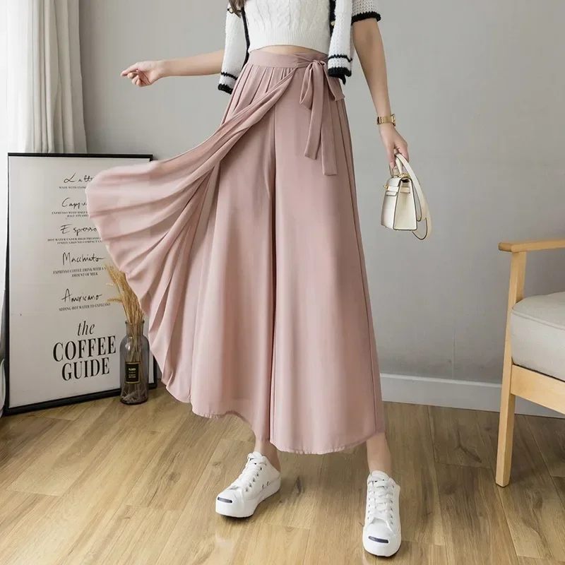 2024 Spring Summer New Style Korean Women Pleated Chiffon Trousers High Waist Pants Casual Wide Leg Pantalones