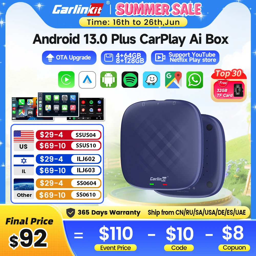 

Carlinkit CarPlay Ai TV Box Plus Android13 8 + 128 ГБ QCM 8-ядерный 665 6125 Беспроводной CarPlay Android Auto для Youtube Netflix 4G LTE
