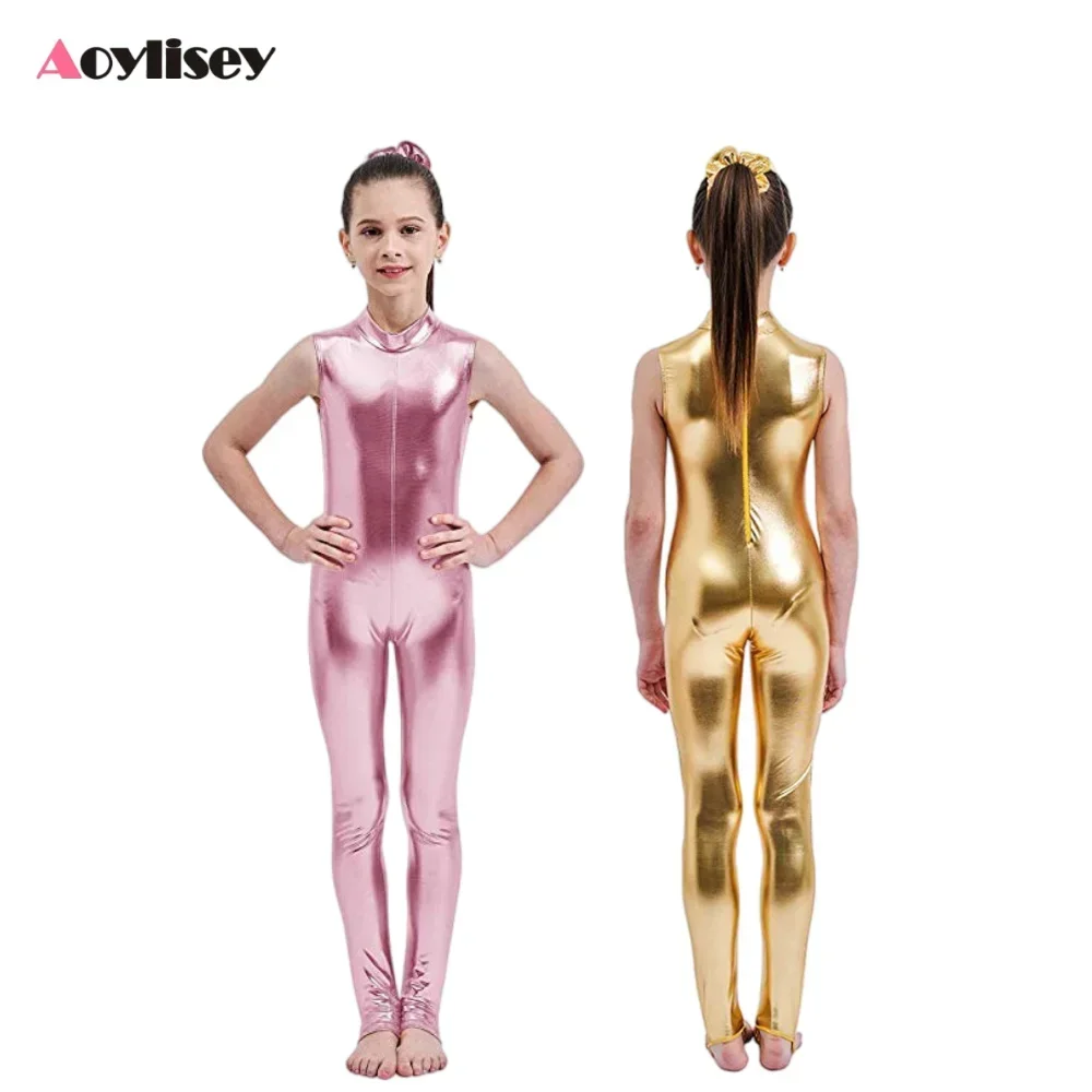ชุดจั๊มสูทแขนกุดสีเมทัลลิกสำหรับเด็กผู้หญิง ซิปหลัง ชุดเต้นบัลเลต์ ชุดแสดงบนเวที ชุดยูนิทาร์ด คอสเพลย์ ชุดฮาโลวีน