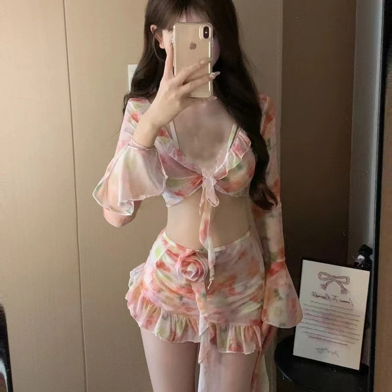 2025 Two Pieces Cover Up Sexy Bikinis Long Sleeves Swimsuit Women Bathing Suit Pleated Long Skirt Cover Up Beachwear One Size