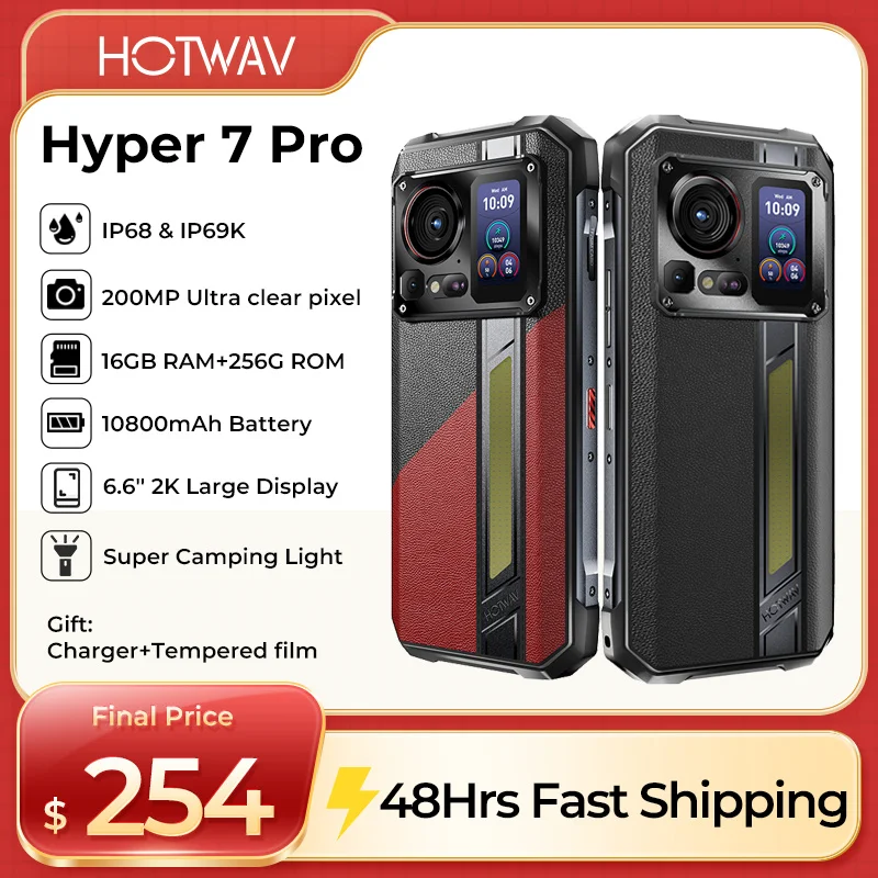 HOTWAV-Hyper 7 Pro Waterproof Smartphone, Android 14 + 5G, 200MP, 36GB + 256GB, 6.6 ''FHD, 10800mAh, 33W, Waterproof Cellphones