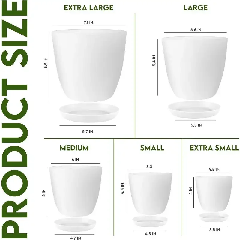 Plant Pots with Drainage - 7/6.6/6/5.3/4.8 Inches Home Decor Flower Pots for Indoor Planter -  White