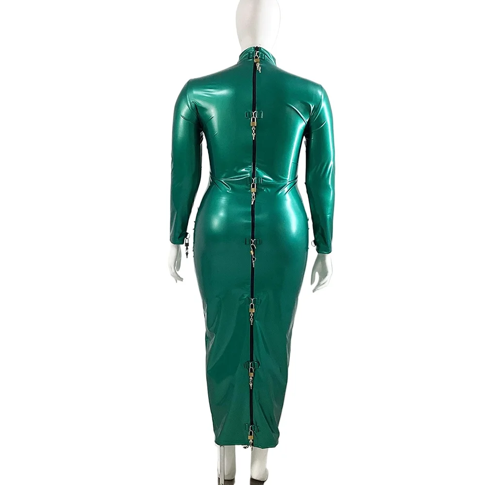 Wetlook-Lockable Long Pencil Dress, Sissy Exotic, Long Sleeves, PVC Skinny, Shiny Dresses, Plus Size, Mistress Costume, Party