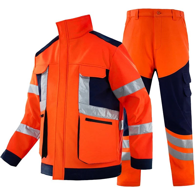 Autumn Winter Fleece Reflective Safety Clothing Men Hi Vis Workwear Suit Softshell Reflective Windbreaker and Cargo Pants Set