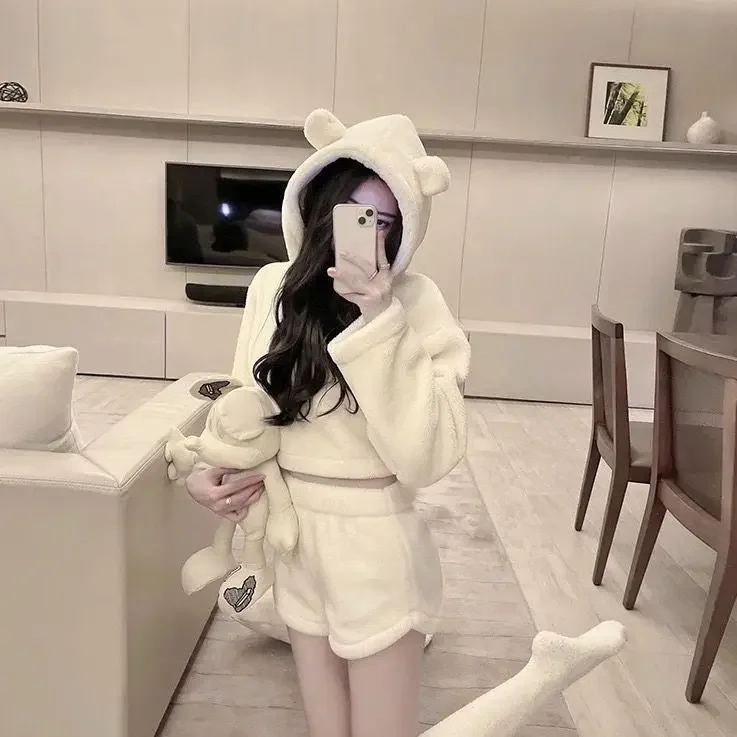 Pajama Sets Women Kawaii Sleepwear Hooded Tender Cozy Loose Fashion Japanese Style Simple Girlish Soft Aesthetic Home Students