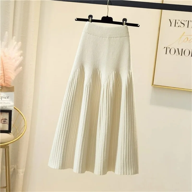 

Knitted Black Skirt Women Vintage Mid Length Skirts A-line Pleated Skirt Thin Casual Solid Color Autumn and Winter Clothes