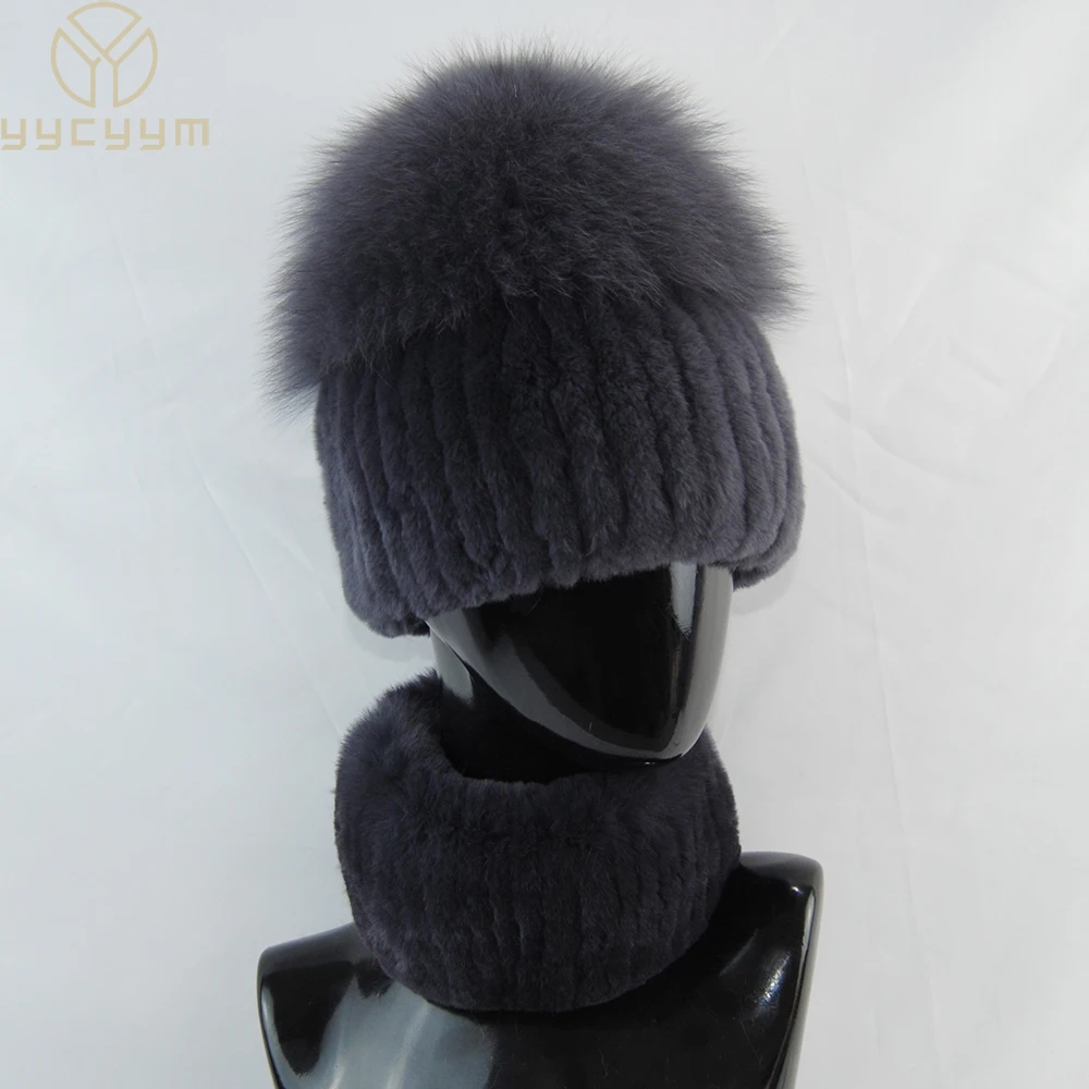 

New Women Winter Warm Real Rex Rabbit Fur Hat Scarves Lady Good Elasticity Knitted Rex Rabbit Fur Hat Scarf Sets Top Fox Fur Hat