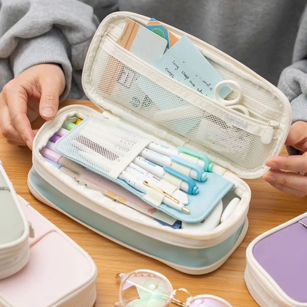 Macaroon Kawaii Pencil Cases Retractable Double Zip Expandable Pencil Case Large Capacity Pencil Holder Box Desk Organizer