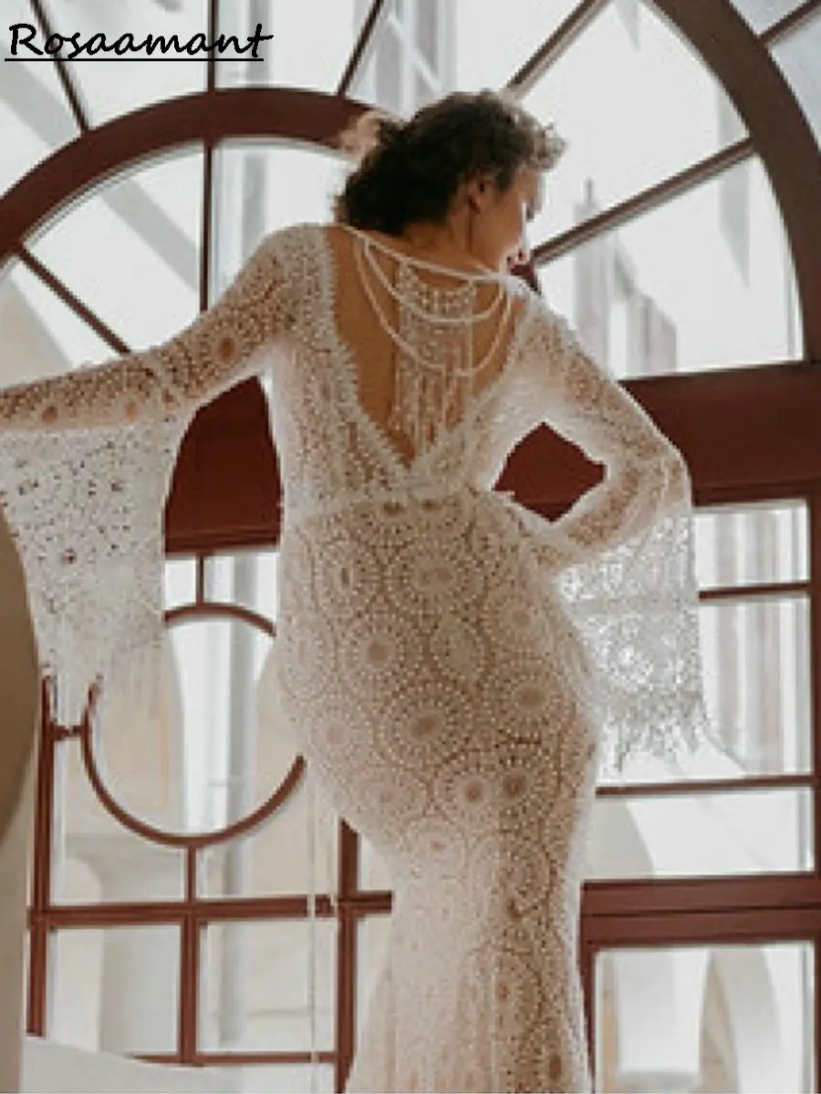 Bohemian Long Flare Sleeve Full Lace Mermaid Wedding Dresses Illusion V-Neck Backless Tassel Bridal Gowns Robe De Mariée