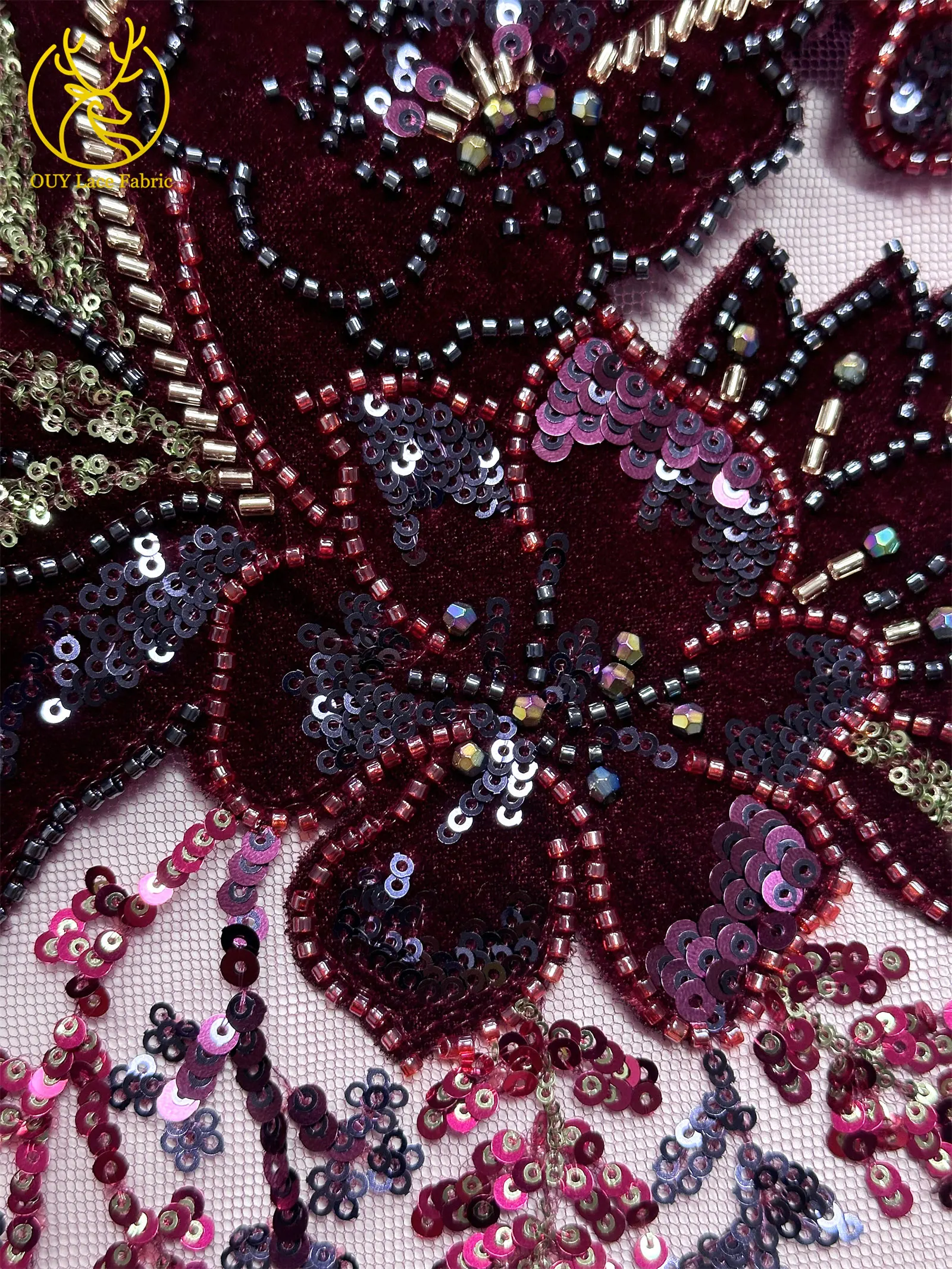 Nigerianischer Luxus-Samtstoff mit Perlen und Spitze 2026 – Hochwertiger afrikanischer Pailletten-Französischer Mesh-Stoff für Damen-Hochzeits- und Partykleider zum Nähen – Detail 14