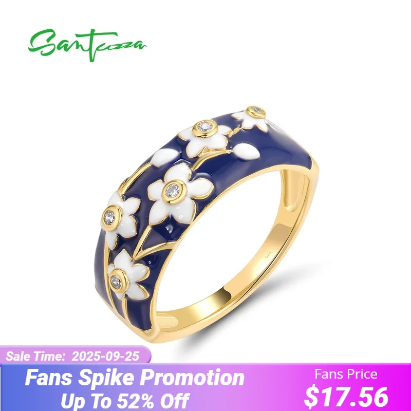 

SANTUZZA Real 925 Sterling Silver Rings For Women White CZ Delicate Flower Enamel Trendy Party Wedding Gifts Fine Jewelry