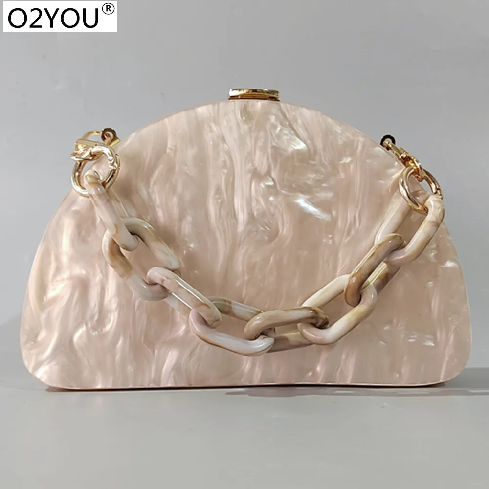 Half Moon Apricot Pearl Nude Women\'s Trend Bag Bolsa Feminina Acrylic Box Clutches Chain Shoulder Evening Party Business Purse