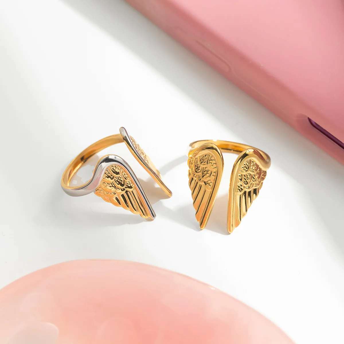 حلقة مفتوحة من الفولاذ المقاوم للصدأ على شكل جناح ذهبي قابل للتعديل تناسب جميع أحجام الأصابع، إكسسوار عصري لأي مناسبة #3
