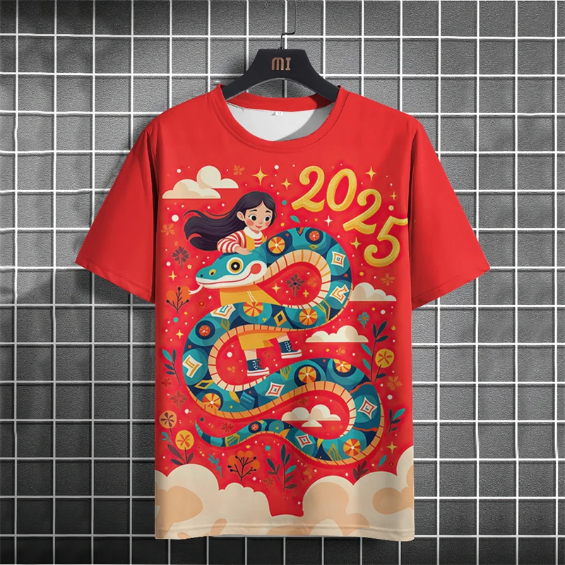 Year Of The Snake 2025 Chinese New Year Red T-Shirt 3D Printed Men Women New O-Neck Short Sleeves Tops Fashion Gifts For Men Tee