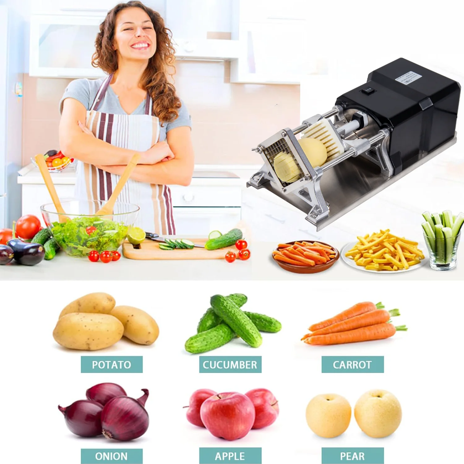 Multifunctional Commercial Electric Vegetables Fruits Dicer Potato Slicer French Frys Stripe Cutting Machine