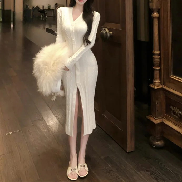 

7896 Elegant Solid Color Spring V-Neck Braided Button Waist Split Design Thickened Inner Layer Long Dress