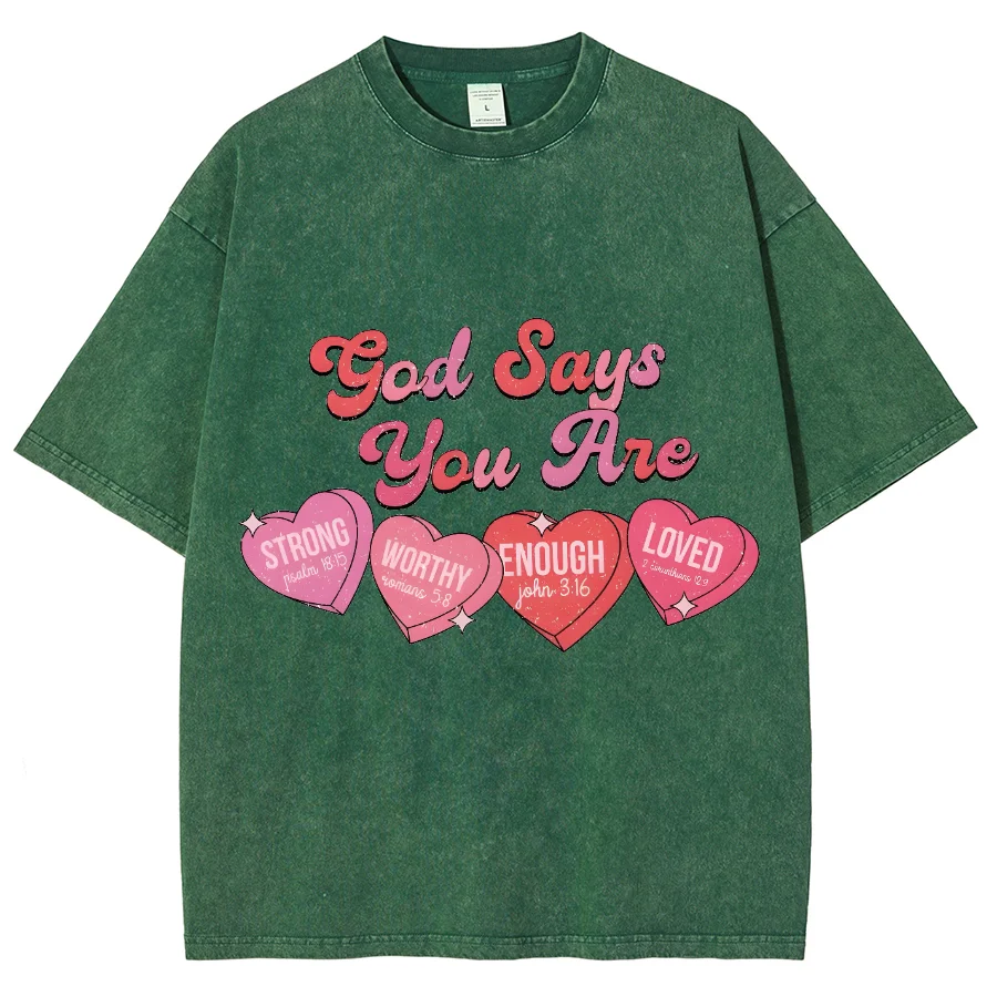 God Says You Are Y2K Washed Short Sleeves T-Shirt, Creative Casual Unisex Oversized Vintage Streetwear New Fashion Plus-Size Tee