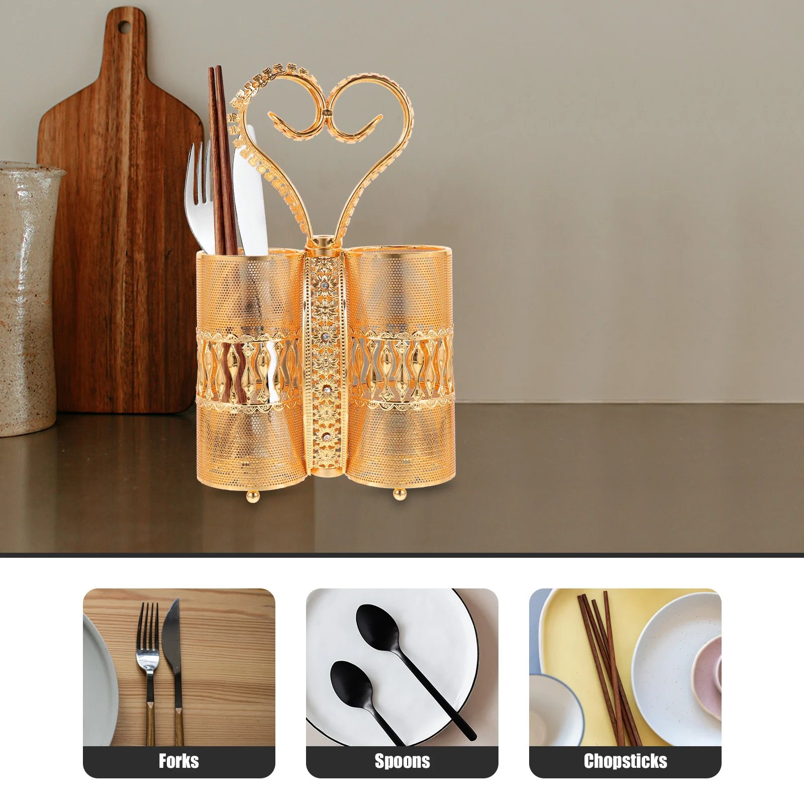 

1pc Cutlery Storage Rack Kitchen Organizer Holder Counter Spoon Silverware Iron Tableware European Style Luxury Hollow Design