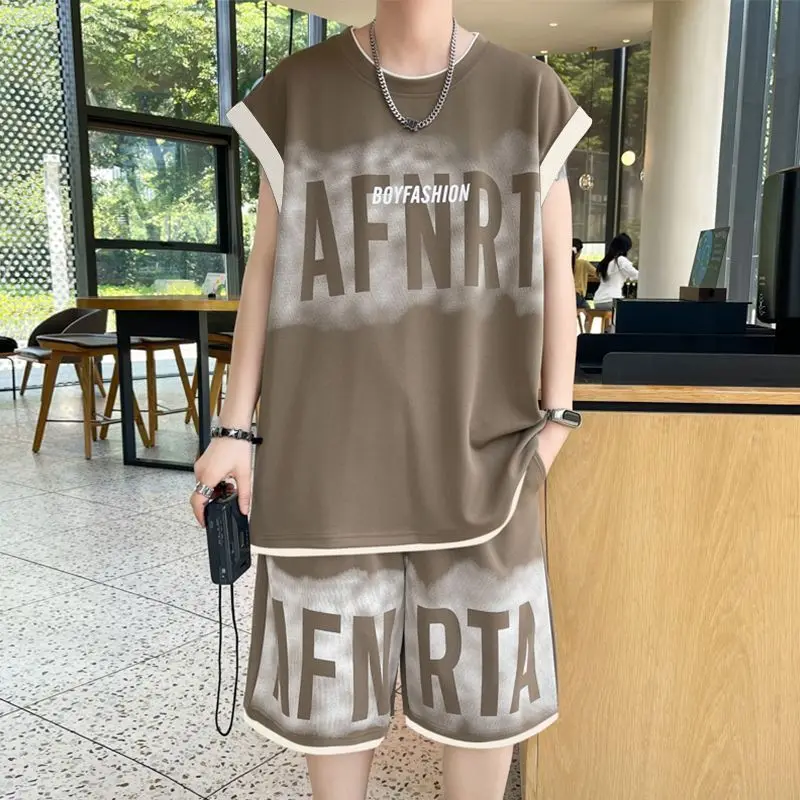 Men's Casual Summer Set Oversized Tank Top Shorts for Teen Boys Breathable Plus Size Two Piece Outfit
