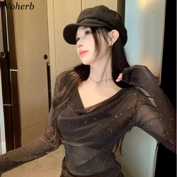 2024 Shirts for Women Fashion Tshirts Heavy Sequined Long Sleeve See Through Tees Y2k Tops Korean All Match Sexy Slim T Shirt