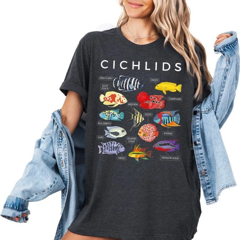 Cichlid الأسماك قميص ملون الأسماك الاستوائية تيز حوض السمك عاشق هدية الأنواع الرسم البياني قميص علم الأحياء المعلم تي شيرت الحيوانات الأليفة الأسماك المحملة