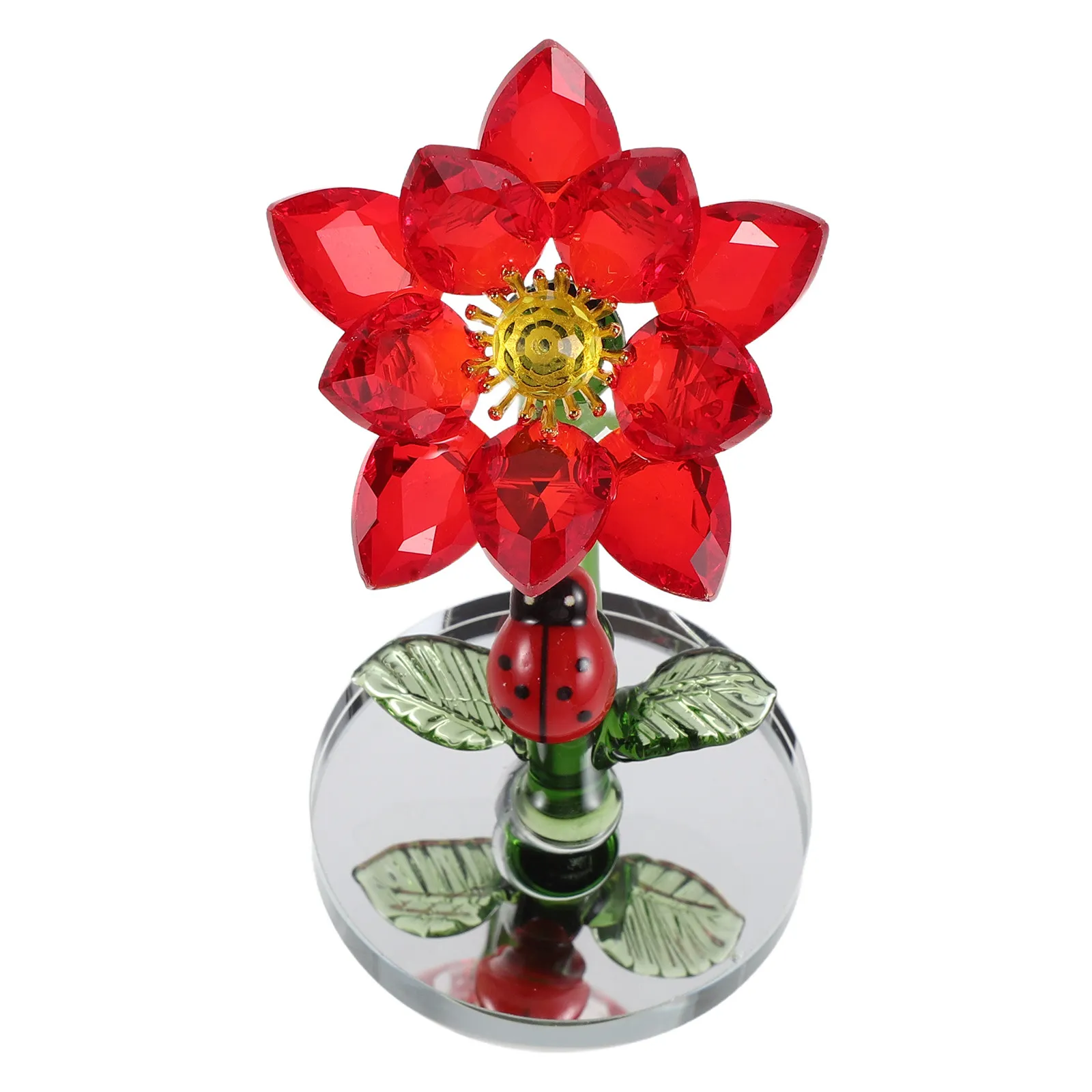 Crystal Flower Sculpture with Ladybug Glass Tabletop Ornament for Home Office Decor