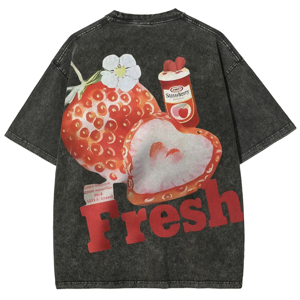 Pandas Cartoon Strawberry Pattern Quality Oversized Acid Washed Y2K Women Men Vintage  Streetwear Mineral Wash T-shirts - Image 6
