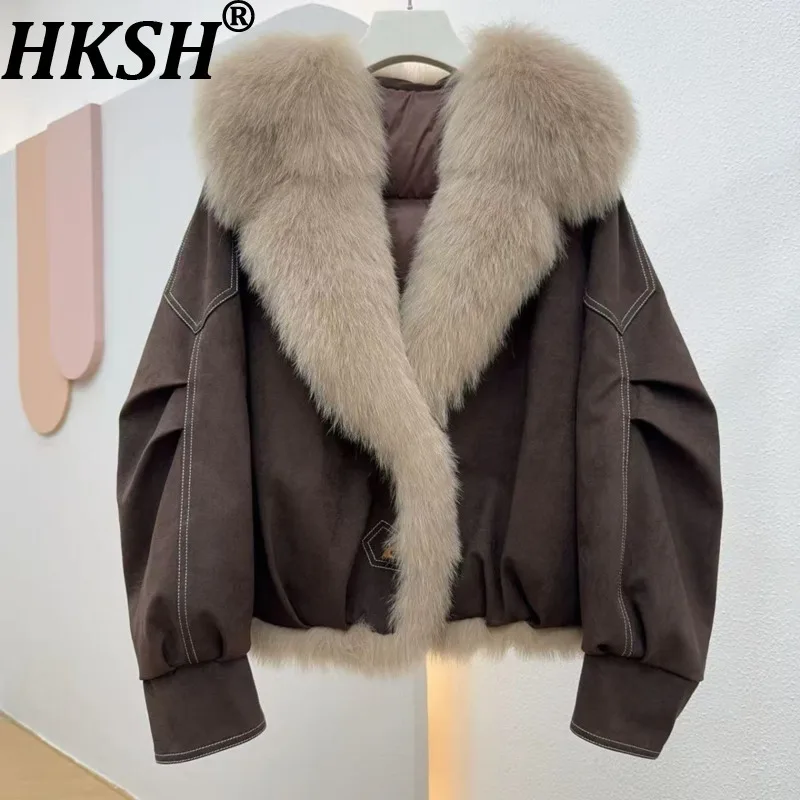 HKSH Women Padded Coat Fashion Fur Collar Patchwork Pleated Design Loose Casual High-end Ins Versatile Niche Warm Jacket HK27589
