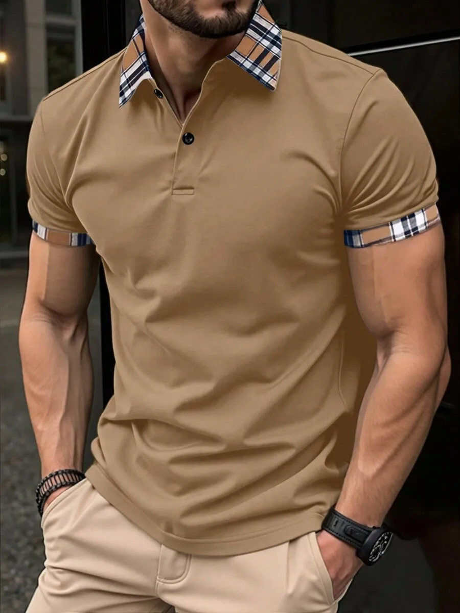 

Mens Beige Shirt With Contrast Plaid Collar And Sleeve Trim, Short Sleeve Casual Design