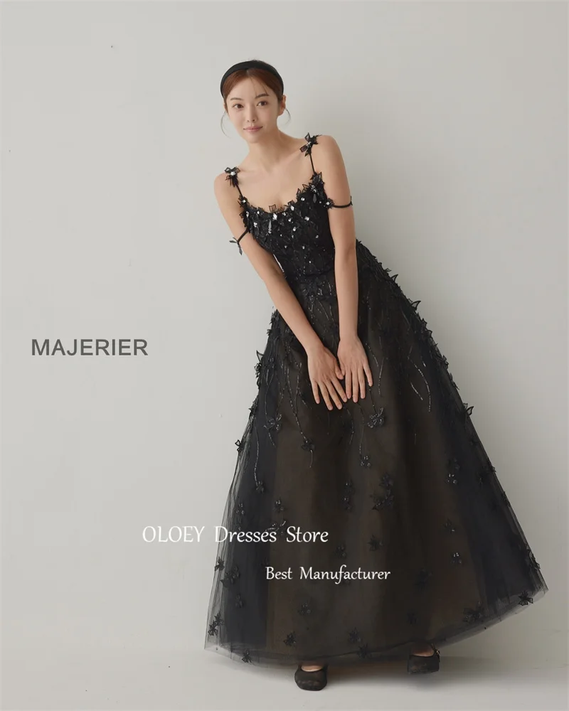 Oloey exquiste Spitze eine Linie Abendkleider Korea Hochzeit Fotoshooting Spaghetti träger Perlen formelle Party kleid Ballkleider