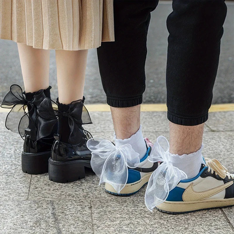 1/3 Paar Männer Frauen Bogen Plissee Socken Modische Band Süße Prinzessin Stil Salat Grenze Atmungsaktive Paar Casual Socken – Detail 3
